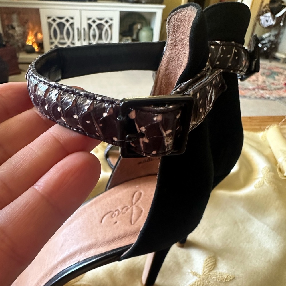 Joie Black w/ White Dots Ankle Strap Leather High Heel Shoes. - Picture 5 of 12